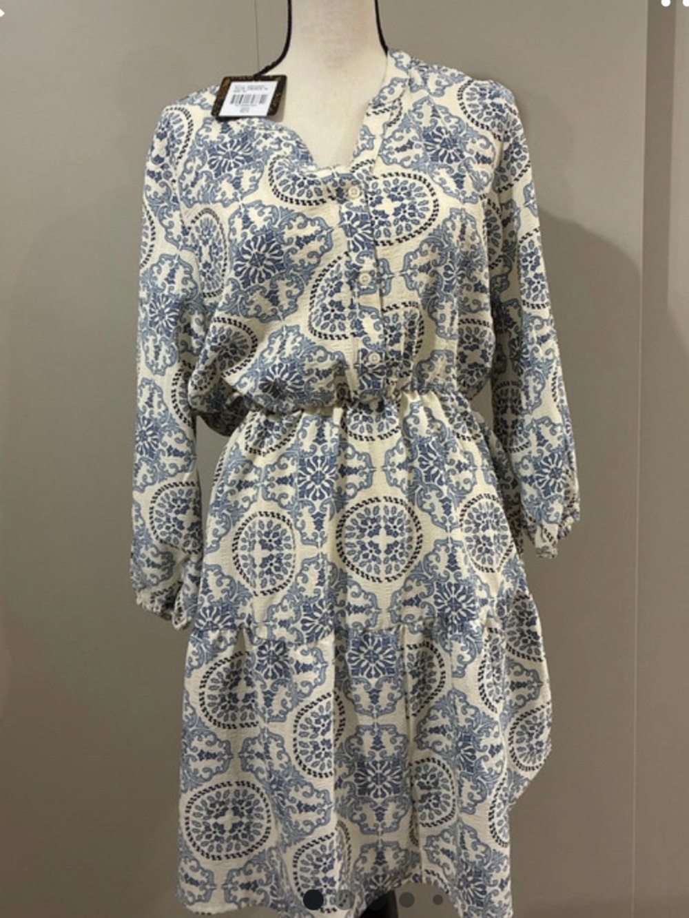 Women's Blue and White Printed Long Sleeve Dress